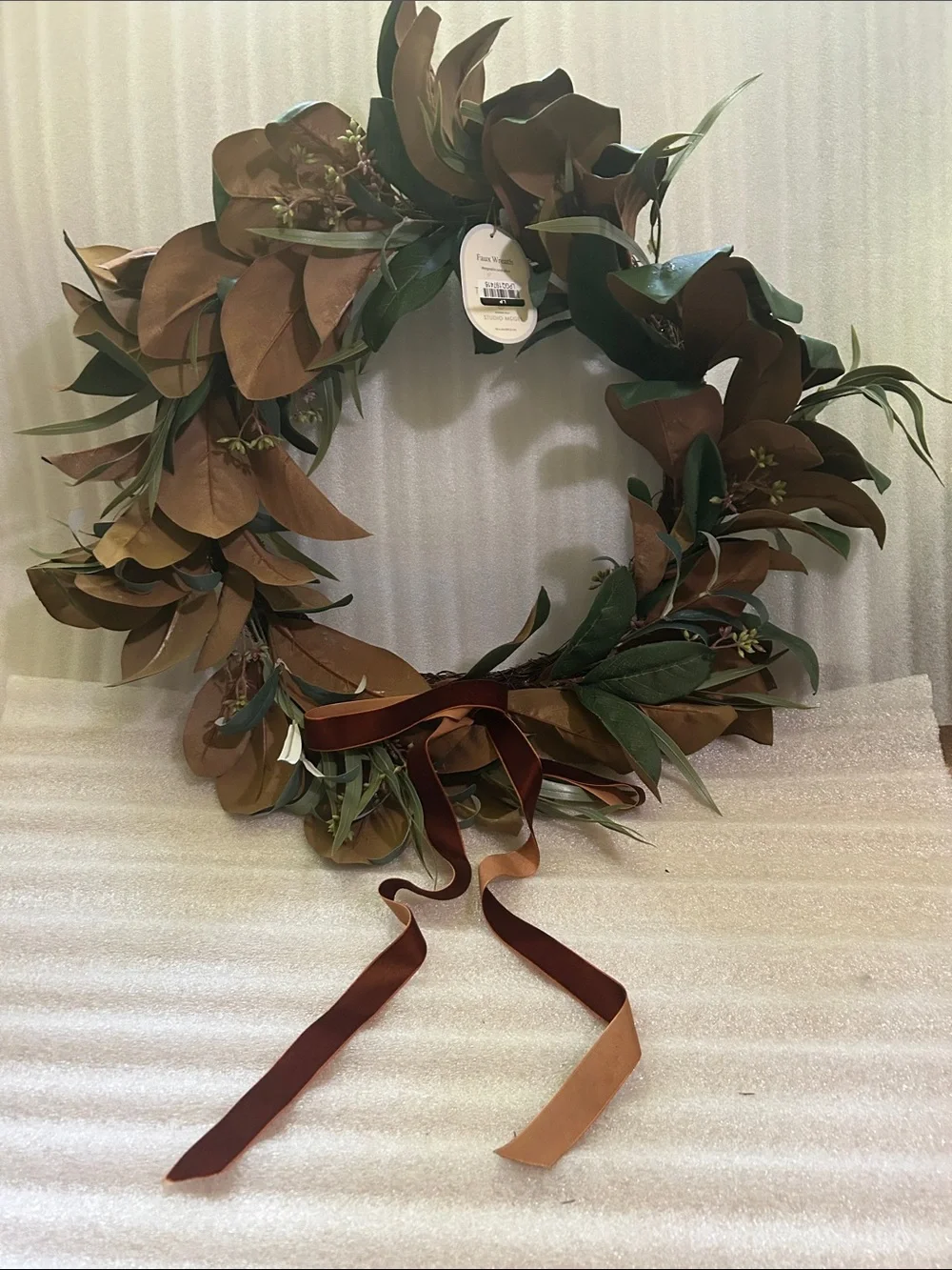 Studio McGee 26” Dia Green and Brown Magnolia and Olive Wreath with velvet bow